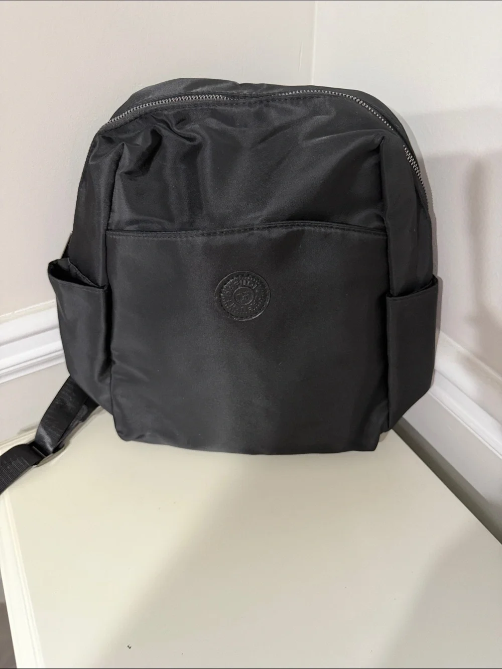 Compact Black Nylon Backpack with Front Pocket - Unbranded